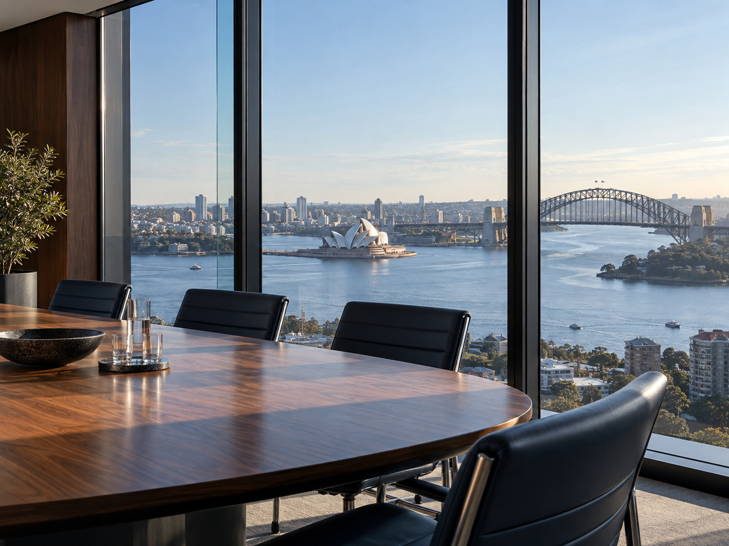Illustrative Australian meeting room with a view across Sydney Harbour