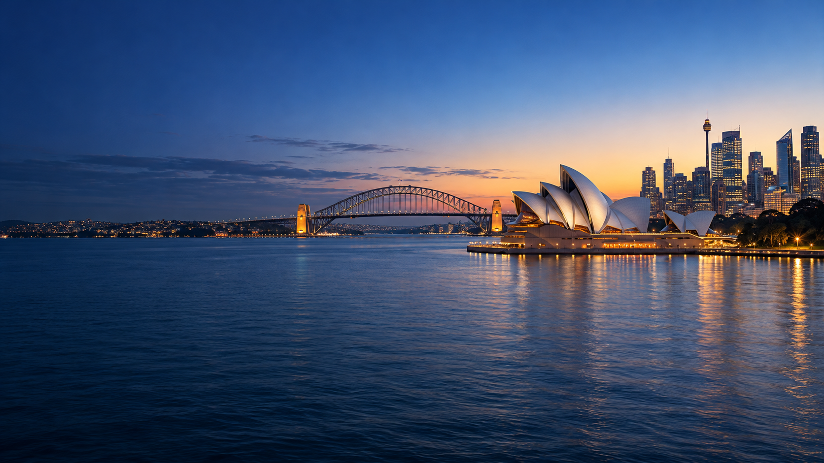 Illustrative blue-hour view across Sydney Harbour towards the Opera House and Harbour Bridge